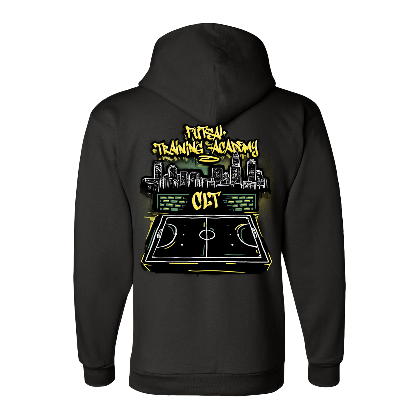 Black hoodie with a graphic design on the back featuring a Futsal court and cityscape.