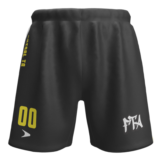 FTA Liga Shorts – black futsal training shorts with yellow FTA detailing