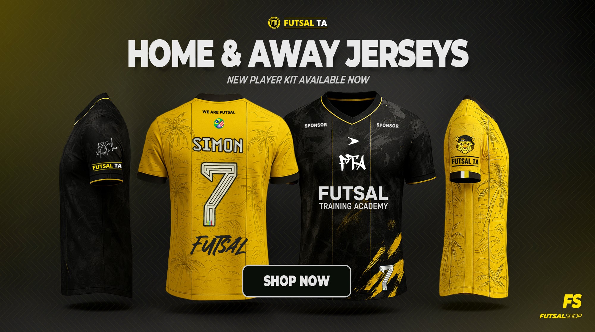 Futsal jerseys with 'Simon' and number '7' on a dark background, featuring Futsal TA branding.