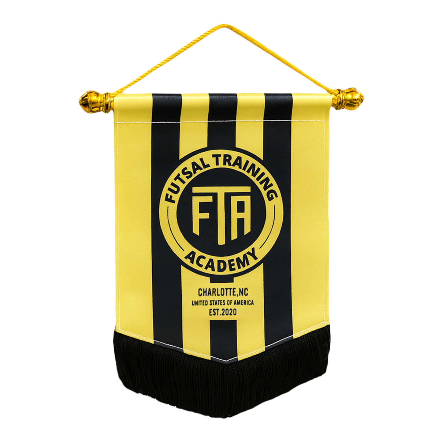 Yellow and black striped banner with 'Futsal Training Academy' logo 