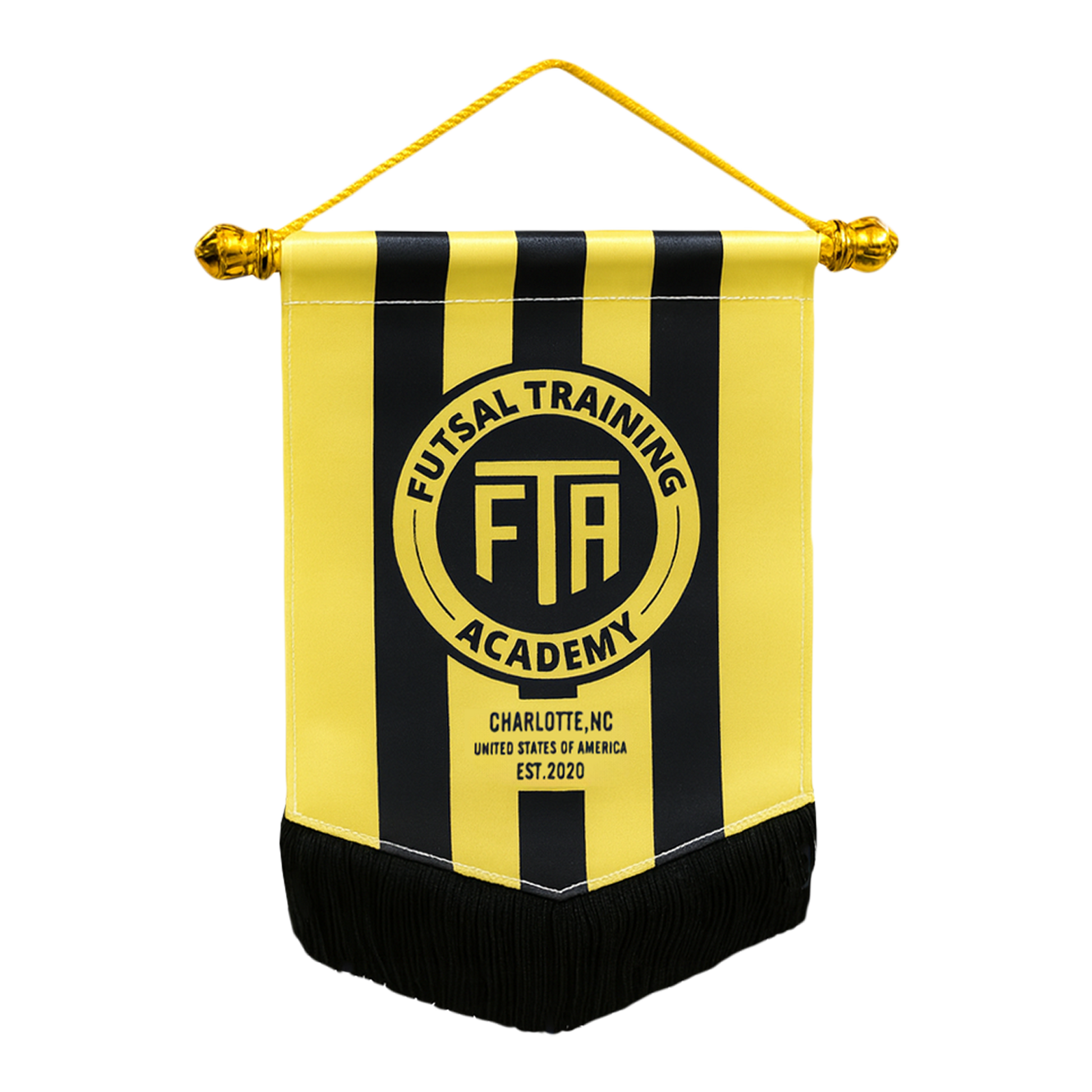 Yellow and black striped banner with 'Futsal Training Academy' logo 
