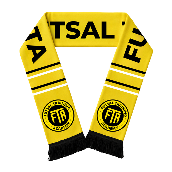 Yellow scarf with black text and logo
