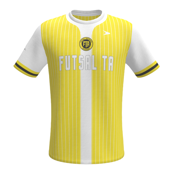 Yellow and white futsal shirt with 'FUTSAL TA' branding on a white background. For Male and Youth