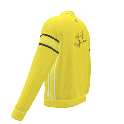 Yellow jacket with black and white stripes on a white background