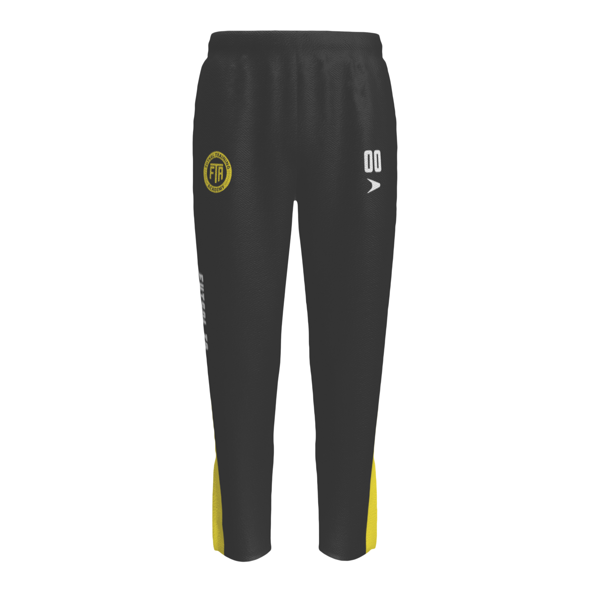 Black pants with yellow accents and logos