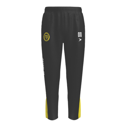 Black pants with yellow accents and logos