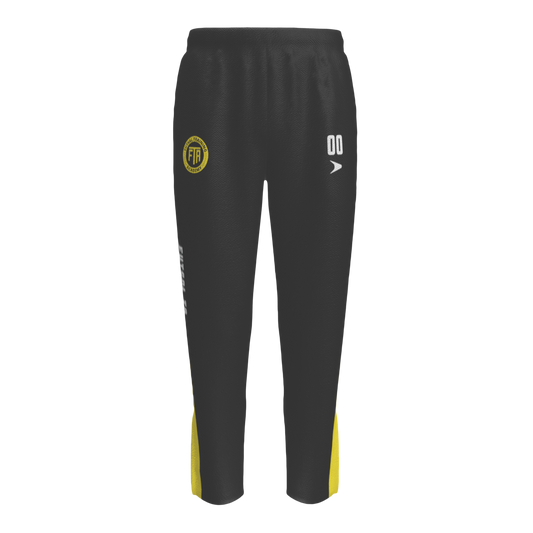 Black pants with yellow accents and logos