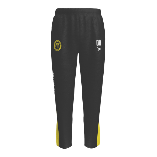 Black pants with yellow accents and logos