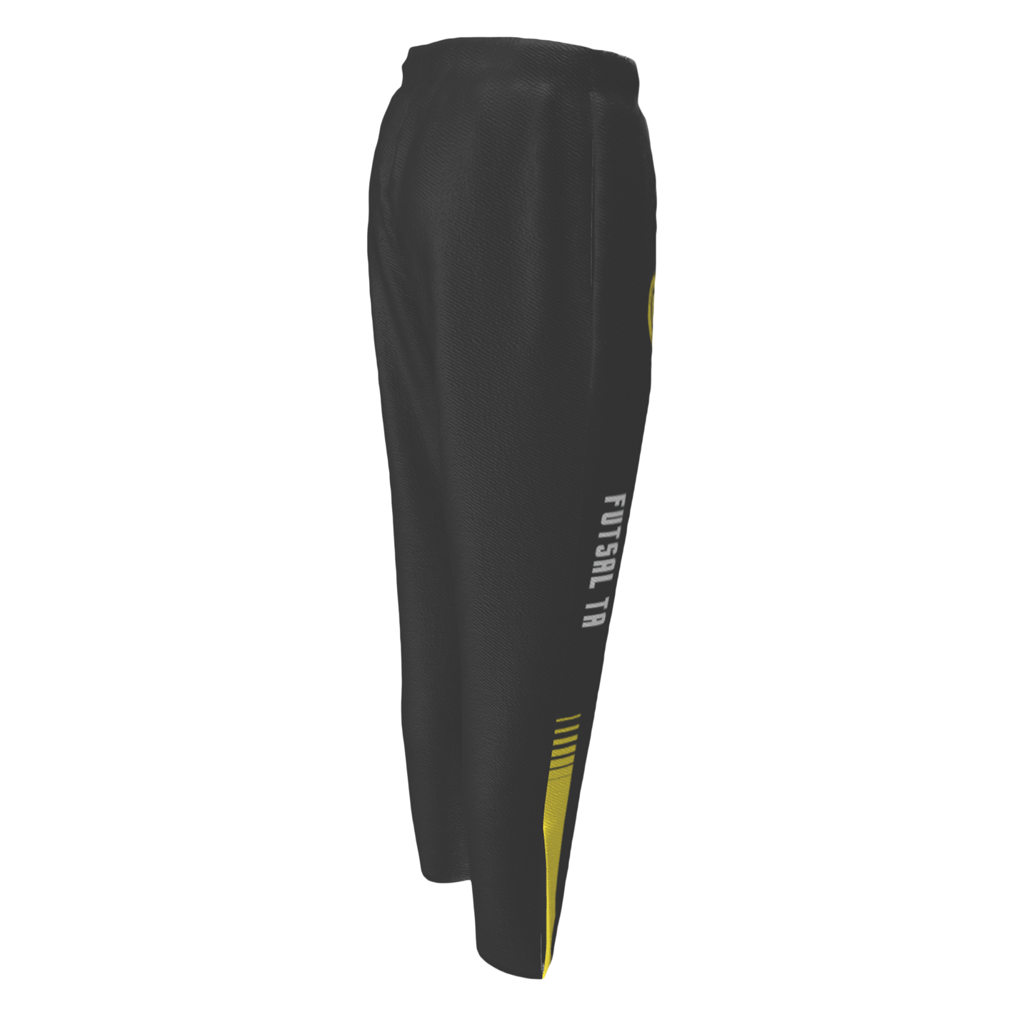 Black athletic pants with yellow accents and 'Futsal' text