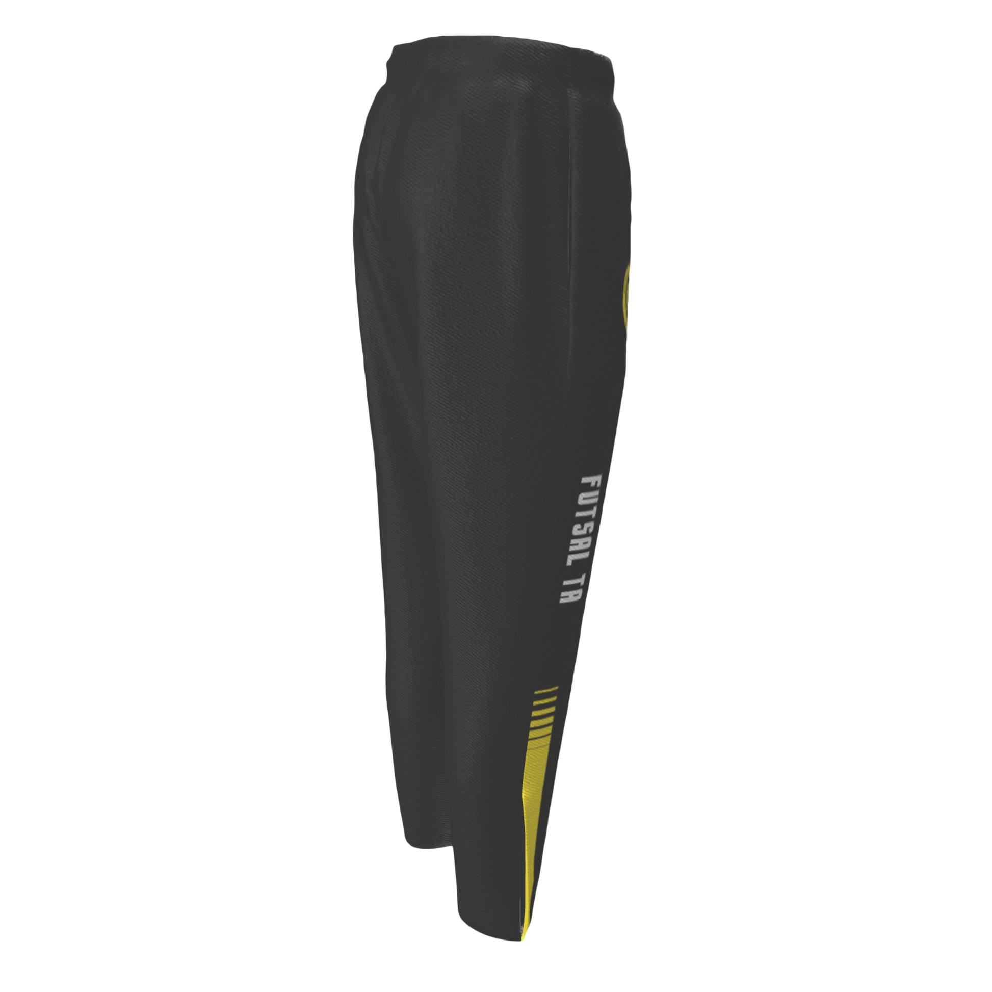 Black athletic pants with yellow accents and 'Futsal' text