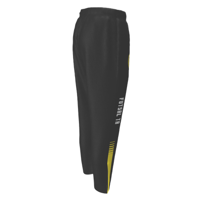 Black athletic pants with yellow accents and 'Futsal' text