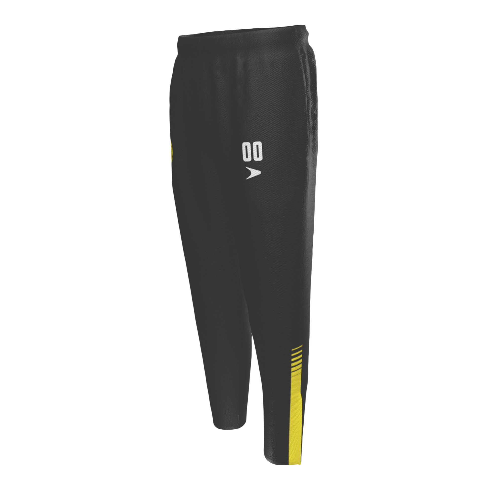 Black and yellow pants with number and a logo