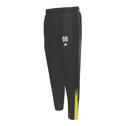 Black and yellow pants with number and a logo