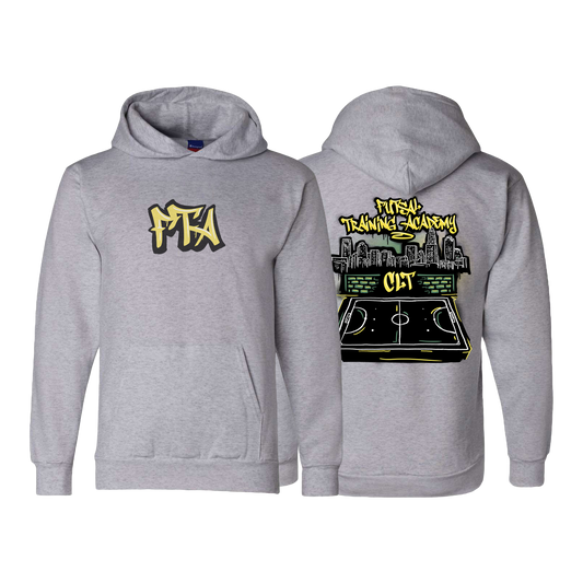 Gray hoodie with yellow and black graphics