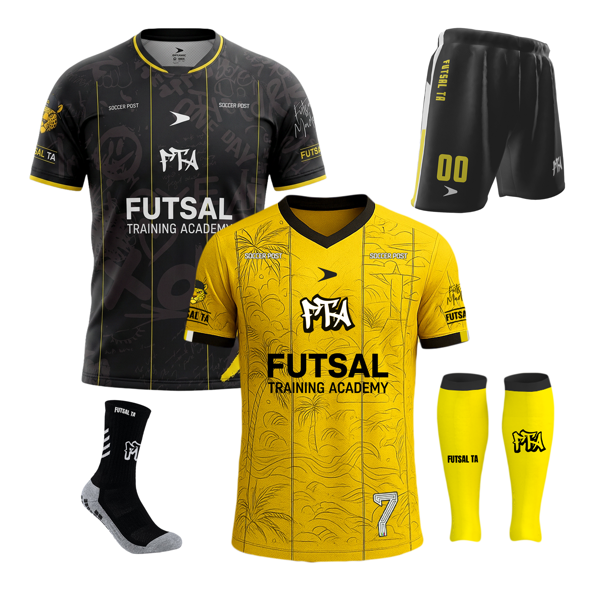 FTA Academy Player Full Kit – complete yellow and black futsal uniform with home jersey, shorts, and socks