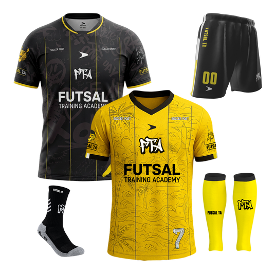 FTA Academy Player Full Kit – complete yellow and black futsal uniform with home jersey, shorts, and socks