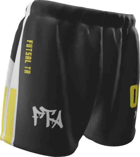 FTA Liga Shorts – black futsal training shorts with yellow FTA detailing
