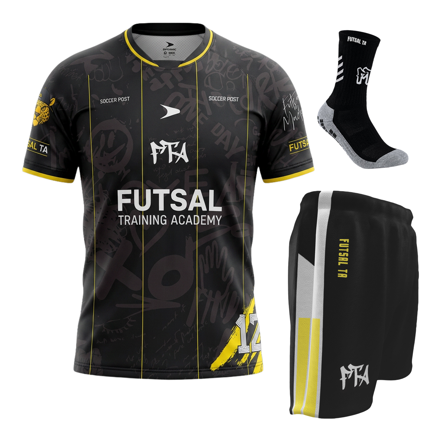FTA Academy Training Kit – black training jersey with shorts and socks