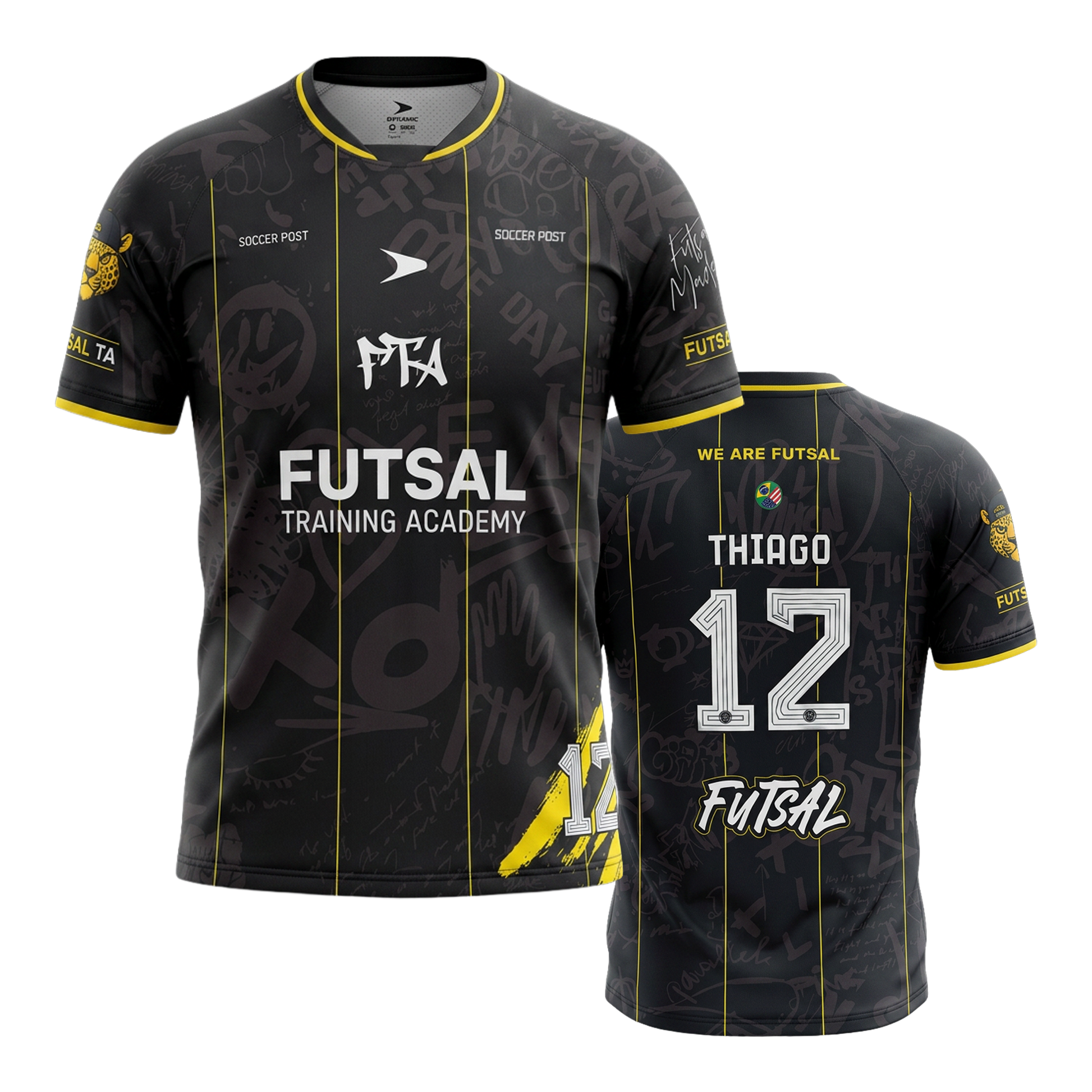 FTA El Barrio Training Jersey – black futsal away jersey with graffiti pattern and yellow accents