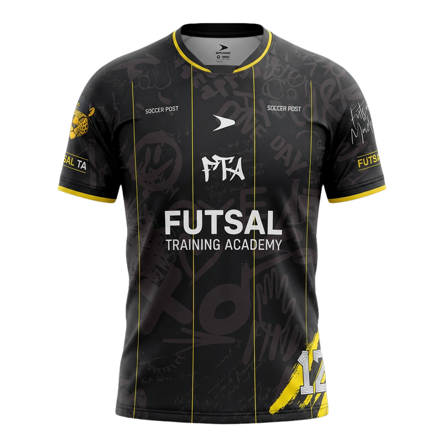 FTA El Barrio Training Jersey – black futsal away jersey with graffiti pattern and yellow accents