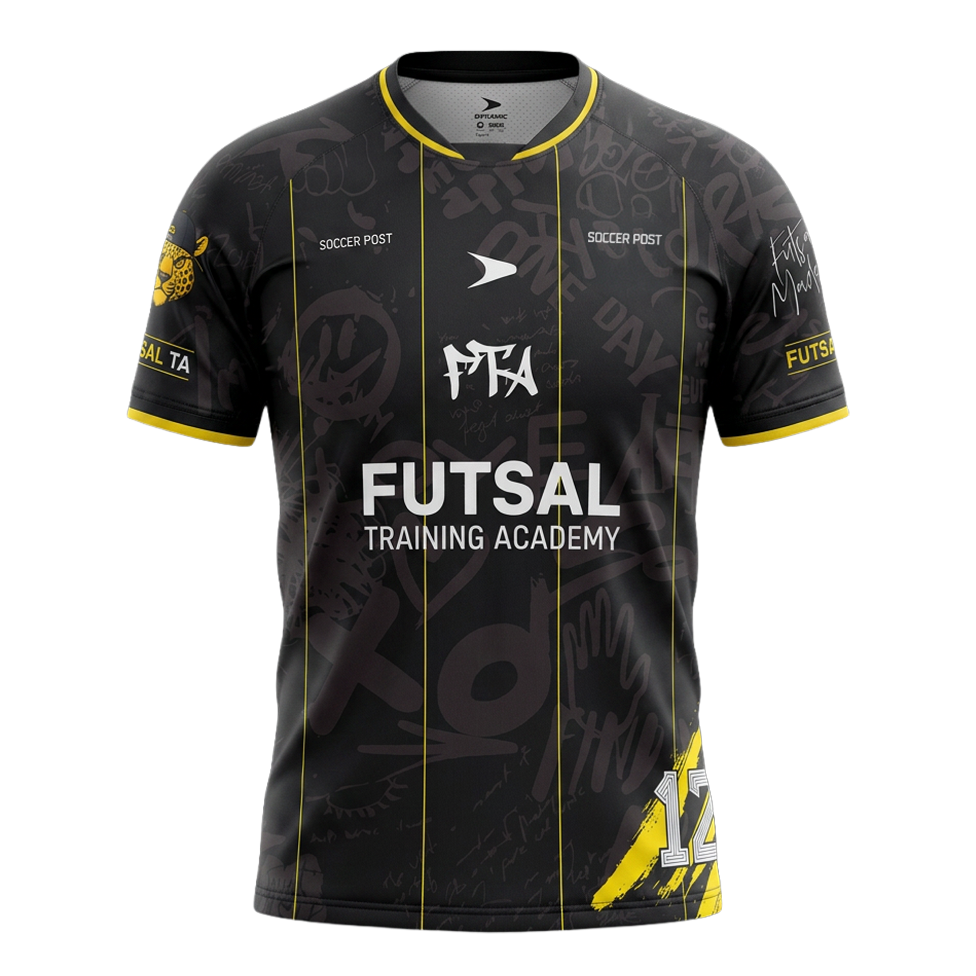 FTA El Barrio Training Jersey – black futsal away jersey with graffiti pattern and yellow accents