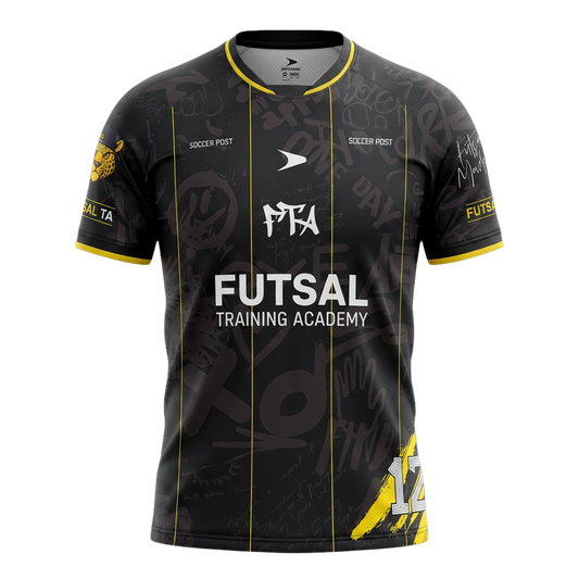 FTA El Barrio Training Jersey – black futsal away jersey with graffiti pattern and yellow accents